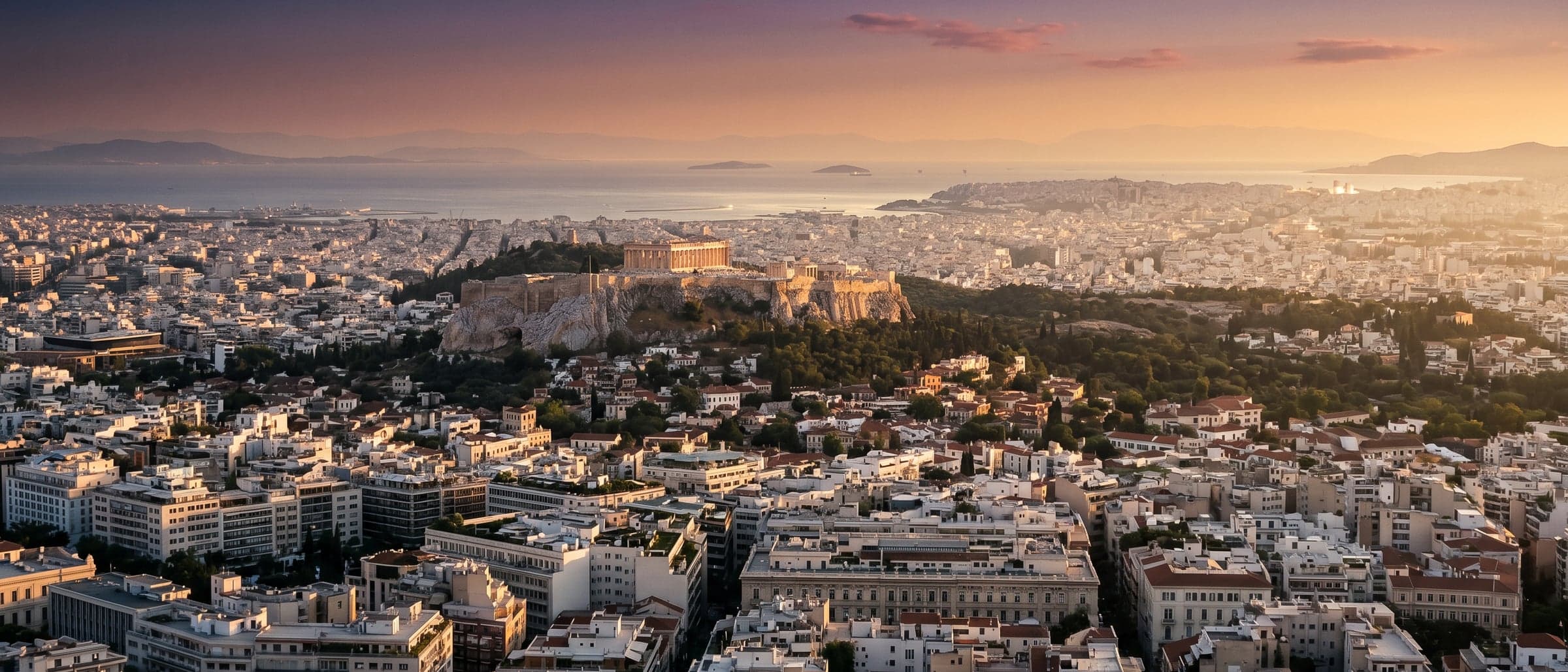Panoramic view of central Athens at golden hour from Lycabettus Hill, with the Acropolis and Parthenon rising above the white-rooftop cityscape and the Saronic Gulf in the distance.