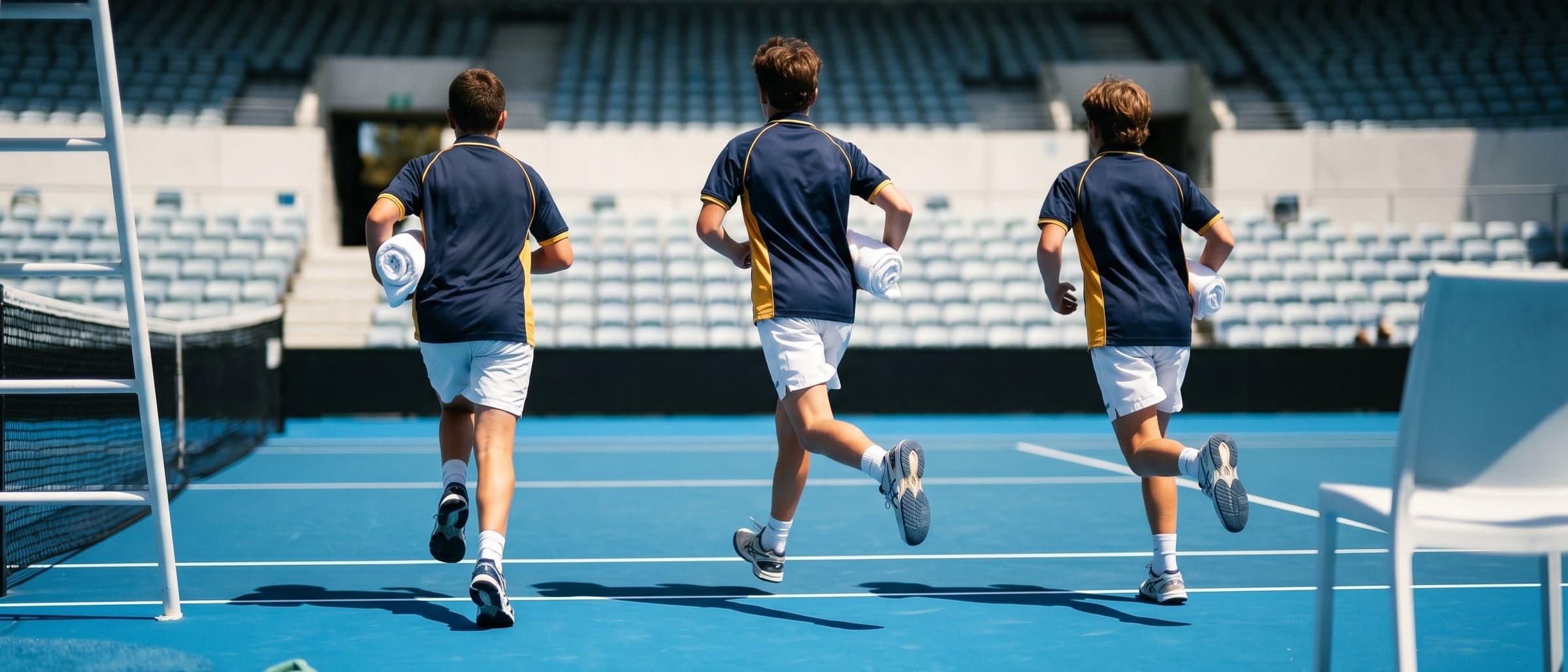 Τρία ball-kids με στολή σε navy και χρυσό τρέχουν σε σχηματισμό πάνω σε σκούρο μπλε σκληρό γήπεδο ανάμεσα στους πόντους, με λευκές πετσέτες στις μασχάλες, με άδειες κερκίδες πίσω τους.
